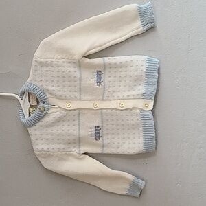 Vintage 12 months infant baby cardigan sweater white blue boy's w/car knit CUTE